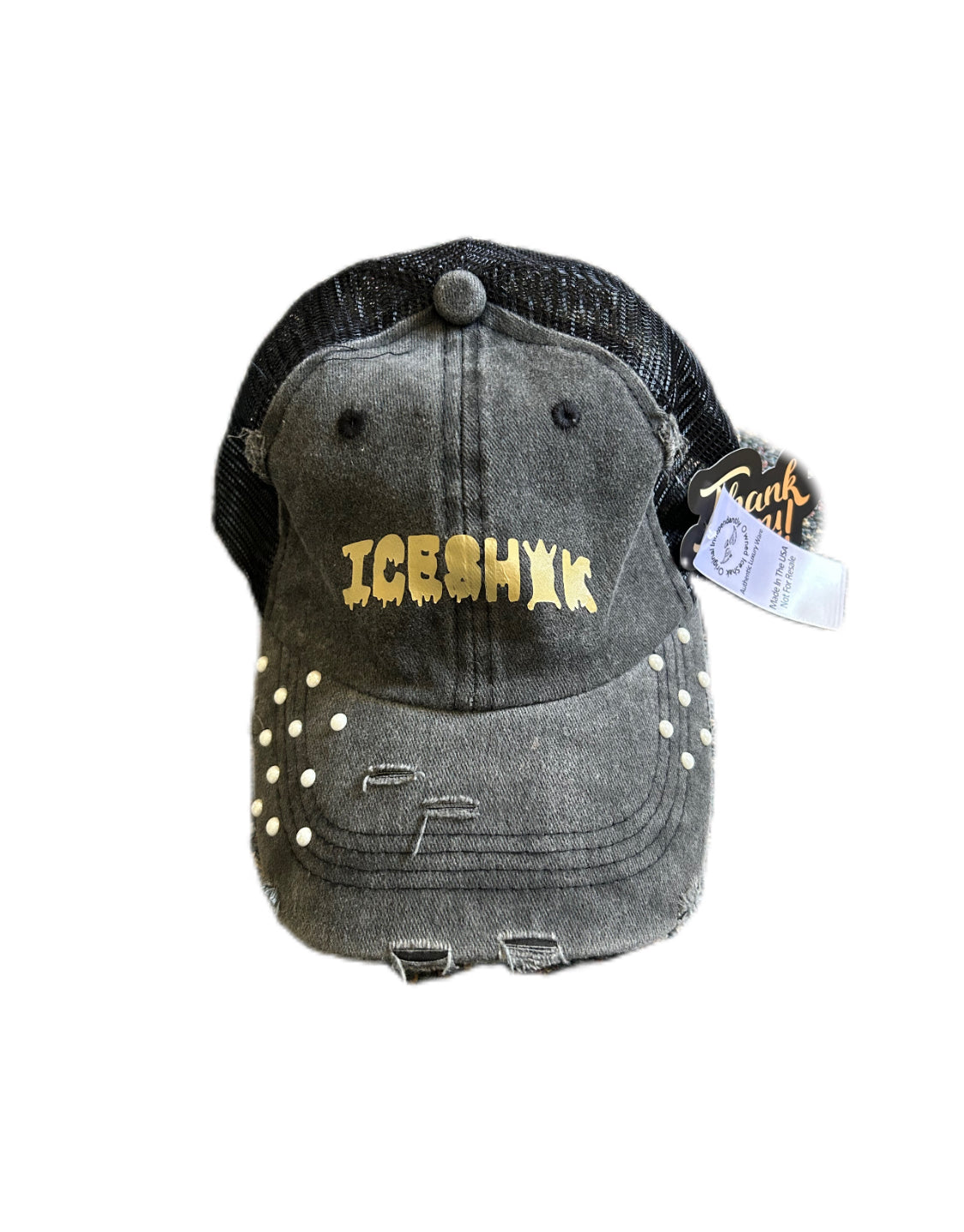 PREMIUM DISTRESSED HAT WITH PEARLS