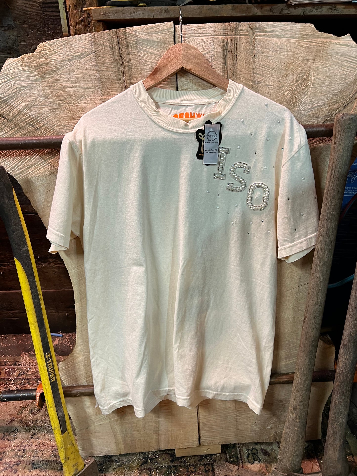 PREMIUM “CREME” TEE FEATURING RHINESTONES & PEARLS