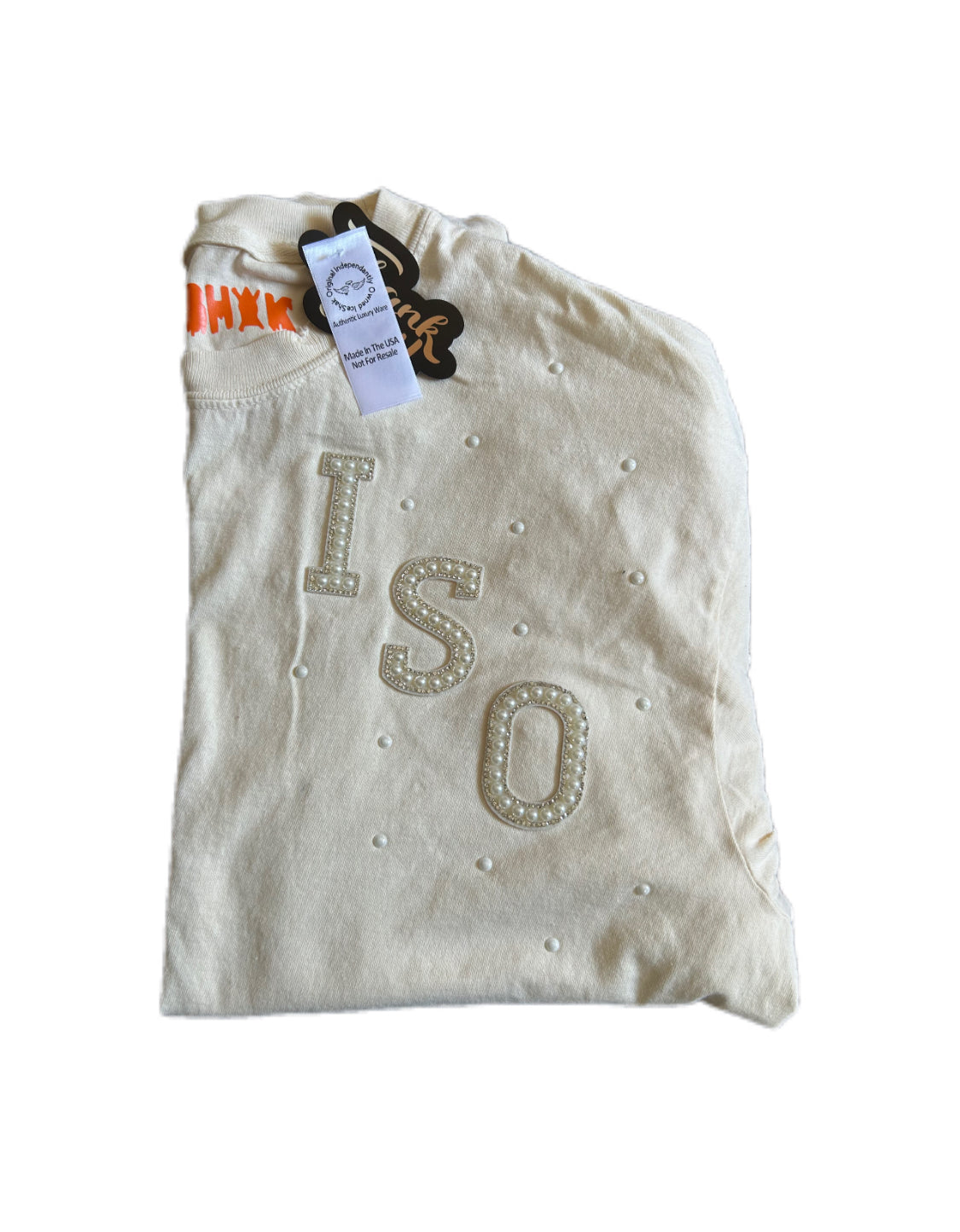 PREMIUM “CREME” TEE FEATURING RHINESTONES & PEARLS